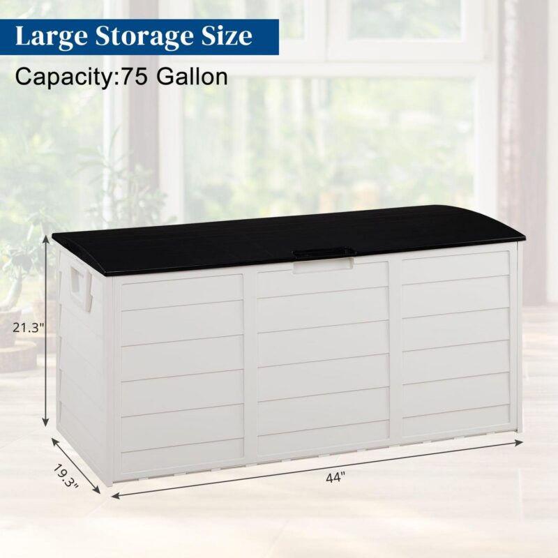 Ktaxon 75gal Outdoor Garden Plastic Storage Deck Box Chest Tools Cushions Toys White and Black Lid - Image 6