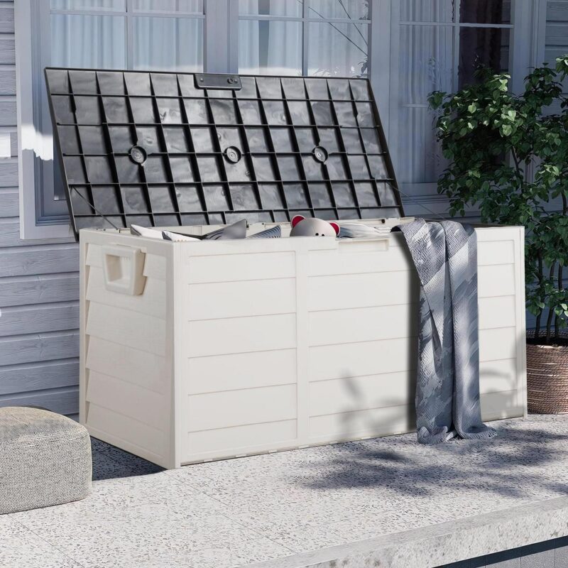 Ktaxon 75gal Outdoor Garden Plastic Storage Deck Box Chest Tools Cushions Toys White and Black Lid