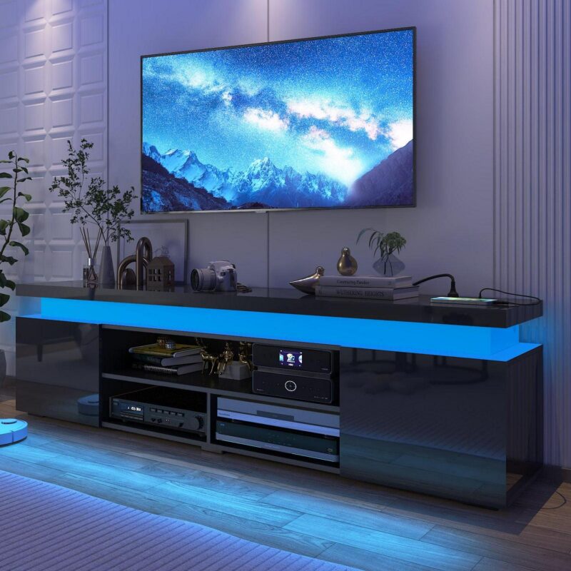 LED TV Stand for up to 85  TVs with Power Outlet, 75  Large Entertainment Center Console Table Gaming Soundbar Shelf with 2 Storage Cabinets(High Gloss Black-75 )