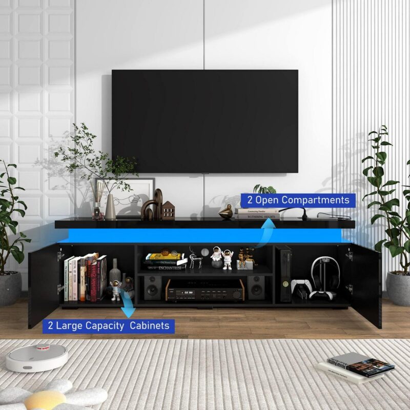 LED TV Stand for up to 85  TVs with Power Outlet, 75  Large Entertainment Center Console Table Gaming Soundbar Shelf with 2 Storage Cabinets(High Gloss Black-75 ) - Image 9