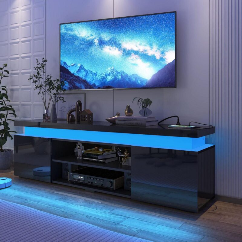 LED TV Stand for up to 85  TVs with Power Outlet, 75  Large Entertainment Center Console Table Gaming Soundbar Shelf with 2 Storage Cabinets(High Gloss Black-75 ) - Image 12