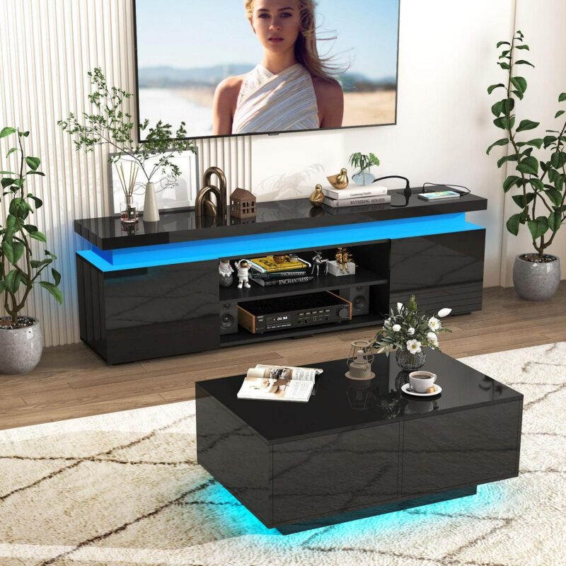 LED TV Stand for up to 85  TVs with Power Outlet, 75  Large Entertainment Center Console Table Gaming Soundbar Shelf with 2 Storage Cabinets(High Gloss Black-75 ) - Image 7