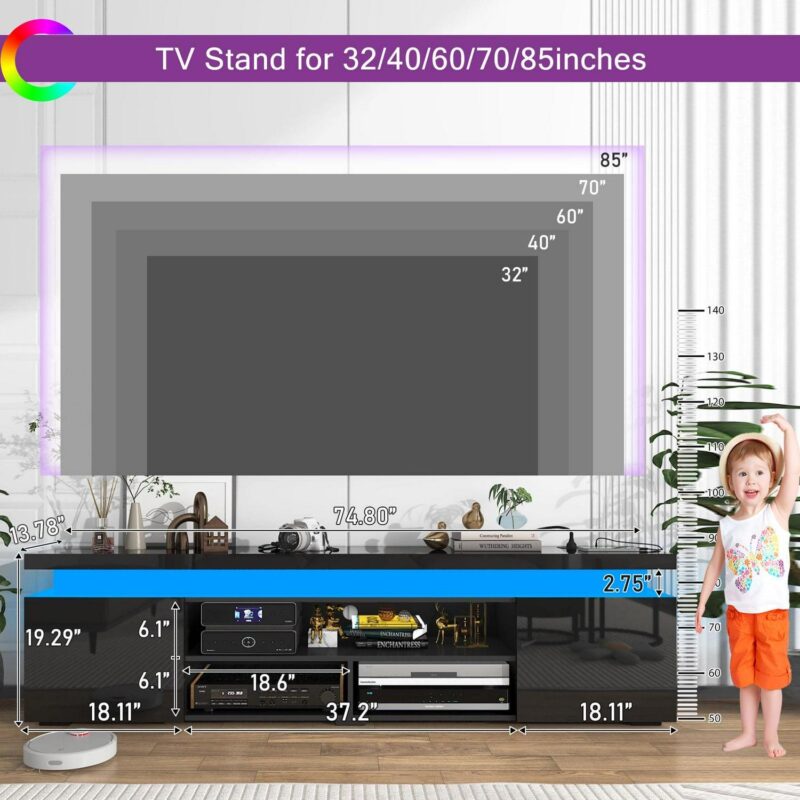 LED TV Stand for up to 85  TVs with Power Outlet, 75  Large Entertainment Center Console Table Gaming Soundbar Shelf with 2 Storage Cabinets(High Gloss Black-75 ) - Image 4