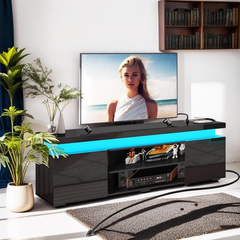 LED TV Stand for up to 85  TVs with Power Outlet, 75  Large Entertainment Center Console Table Gaming Soundbar Shelf with 2 Storage Cabinets(High Gloss Black-75 ) - Image 10
