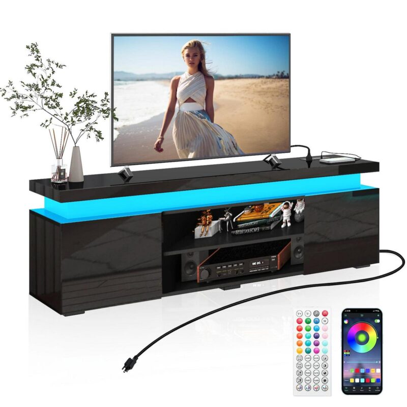 LED TV Stand for up to 85  TVs with Power Outlet, 75  Large Entertainment Center Console Table Gaming Soundbar Shelf with 2 Storage Cabinets(High Gloss Black-75 ) - Image 11