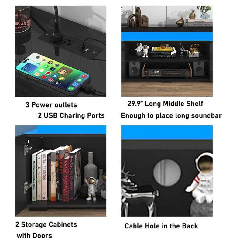 LED TV Stand for up to 85  TVs with Power Outlet, 75  Large Entertainment Center Console Table Gaming Soundbar Shelf with 2 Storage Cabinets(High Gloss Black-75 ) - Image 6