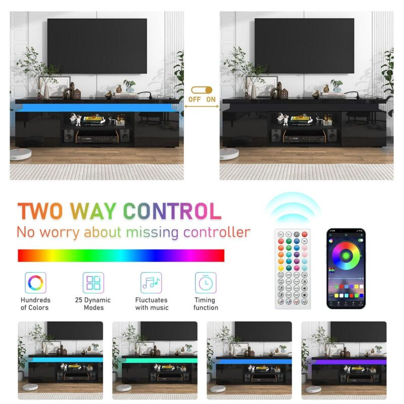 LED TV Stand for up to 85  TVs with Power Outlet, 75  Large Entertainment Center Console Table Gaming Soundbar Shelf with 2 Storage Cabinets(High Gloss Black-75 ) - Image 3