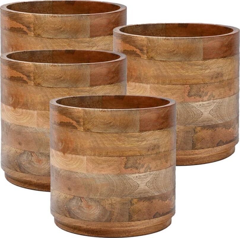 Large Mango Wood Cachepot for Plants - 9  Diameter and 8.5  Tall, Set of 4