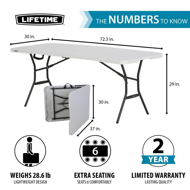 Lifetime 6 Foot Rectangle Fold-in-Half Table, Commercial Grade, White Granite (25011) - Image 2