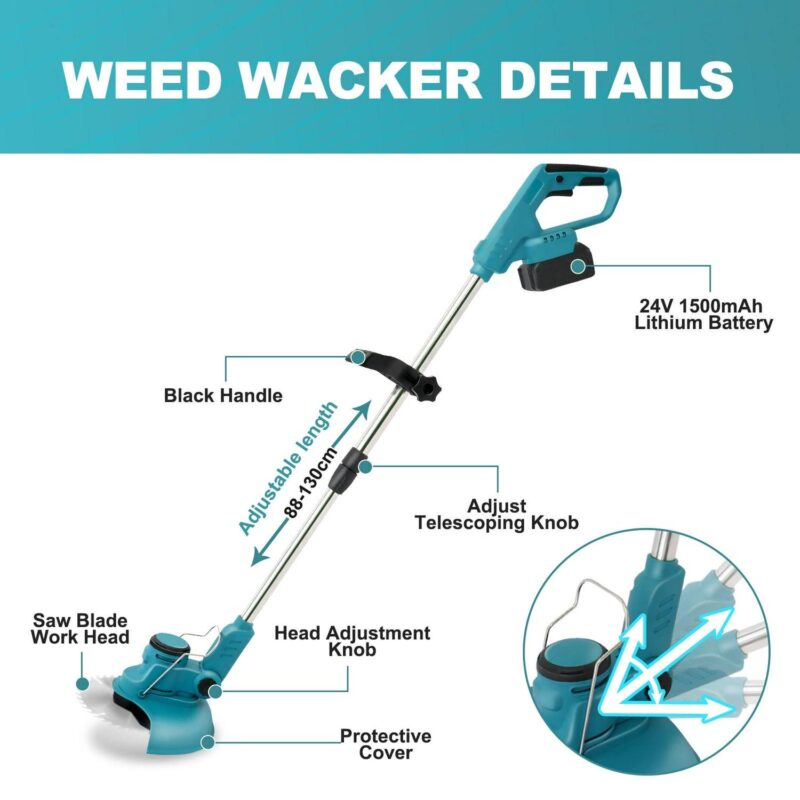 Lightweight Push Lawn Mower, Cordless Weed Eater Grass Trimmer, 24V Battery Powered for Garden and Yard, Lawn Trimmer and Edger, Weed Wacker, Electric Brush Cutter, Cutting Diameter: 5.9 Inches - Image 8