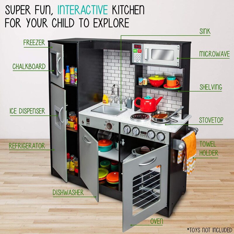 Lil' Jumbl Kids Kitchen Set, Toddler Pretend Wooden Kitchen Playset - Charcoal - Image 3