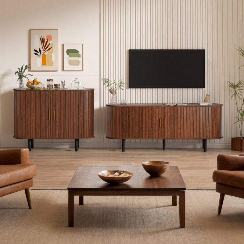 MARNUR 55  TV Stand for 60  TV, Wood Entertainment Center with Storage and Shelves, 2 Sliding Tambour Doors, Mid-Century Modern - Image 12