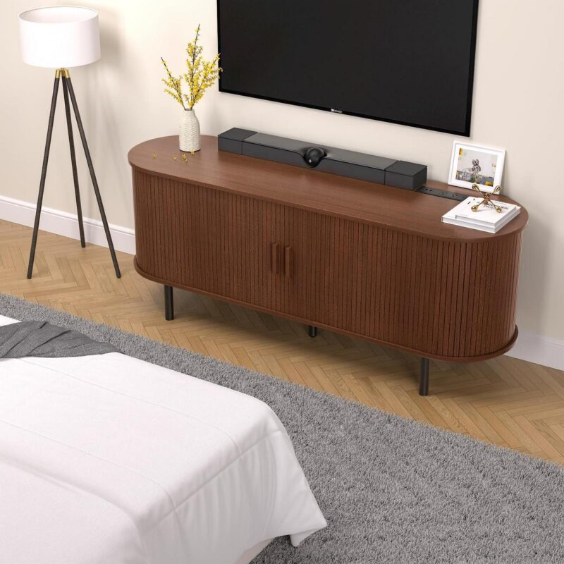 MARNUR 55  TV Stand for 60  TV, Wood Entertainment Center with Storage and Shelves, 2 Sliding Tambour Doors, Mid-Century Modern - Image 11