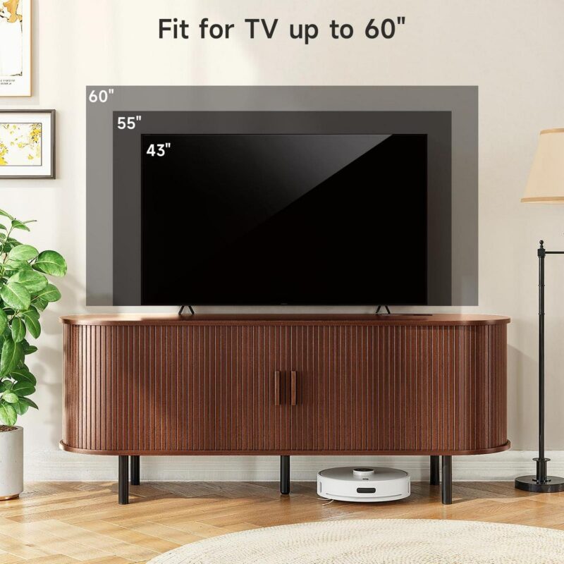 MARNUR 55  TV Stand for 60  TV, Wood Entertainment Center with Storage and Shelves, 2 Sliding Tambour Doors, Mid-Century Modern - Image 9