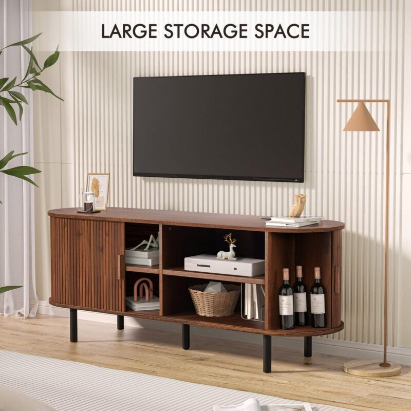 MARNUR 55  TV Stand for 60  TV, Wood Entertainment Center with Storage and Shelves, 2 Sliding Tambour Doors, Mid-Century Modern - Image 5