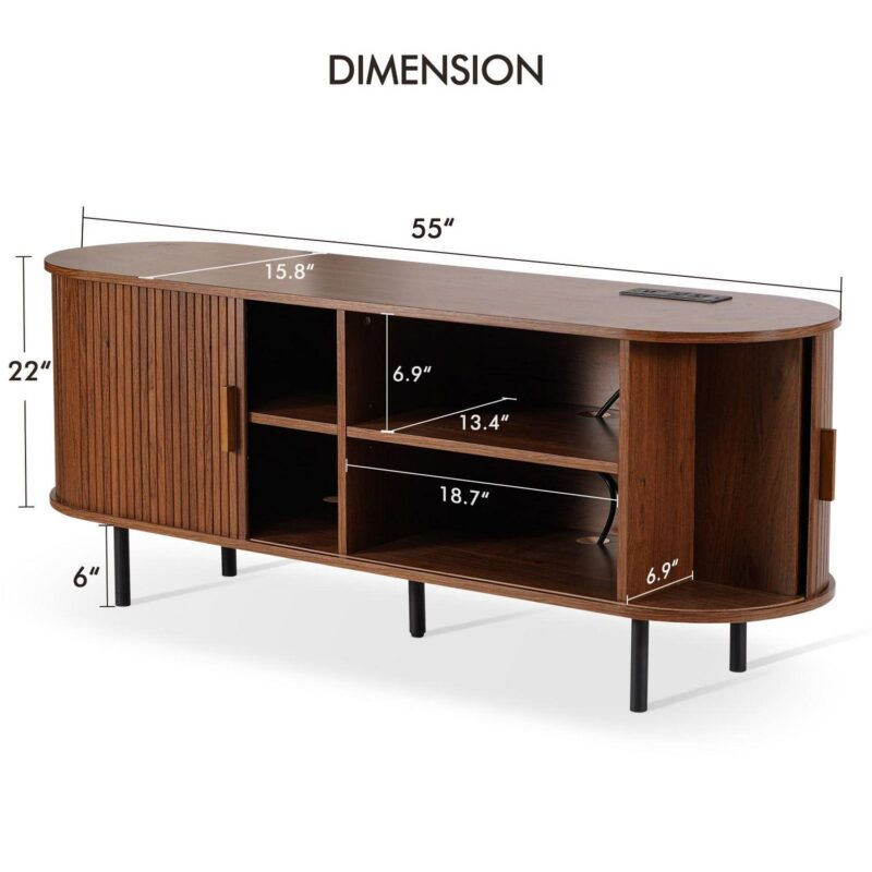 MARNUR 55  TV Stand for 60  TV, Wood Entertainment Center with Storage and Shelves, 2 Sliding Tambour Doors, Mid-Century Modern - Image 8