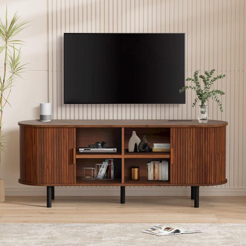 MARNUR 55  TV Stand for 60  TV, Wood Entertainment Center with Storage and Shelves, 2 Sliding Tambour Doors, Mid-Century Modern