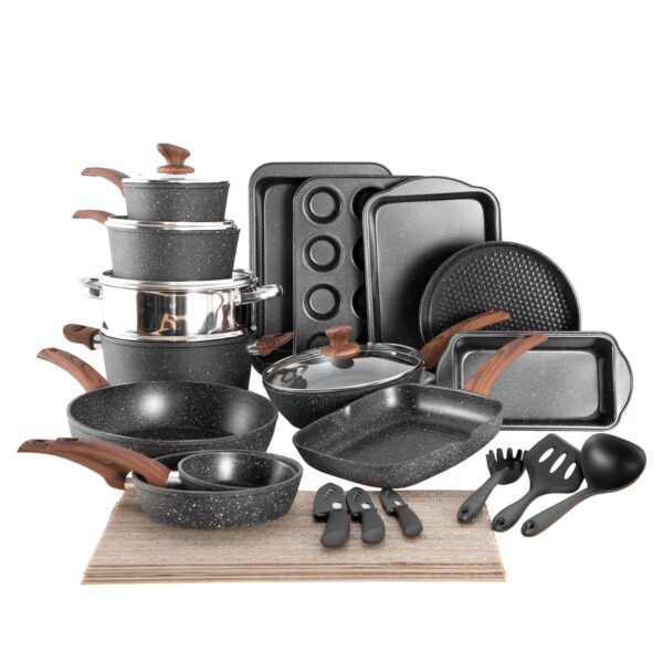 MF Studio 30 Pieces Cookware and Bakeware Set Granite Nonstick Pots and Pans, Black