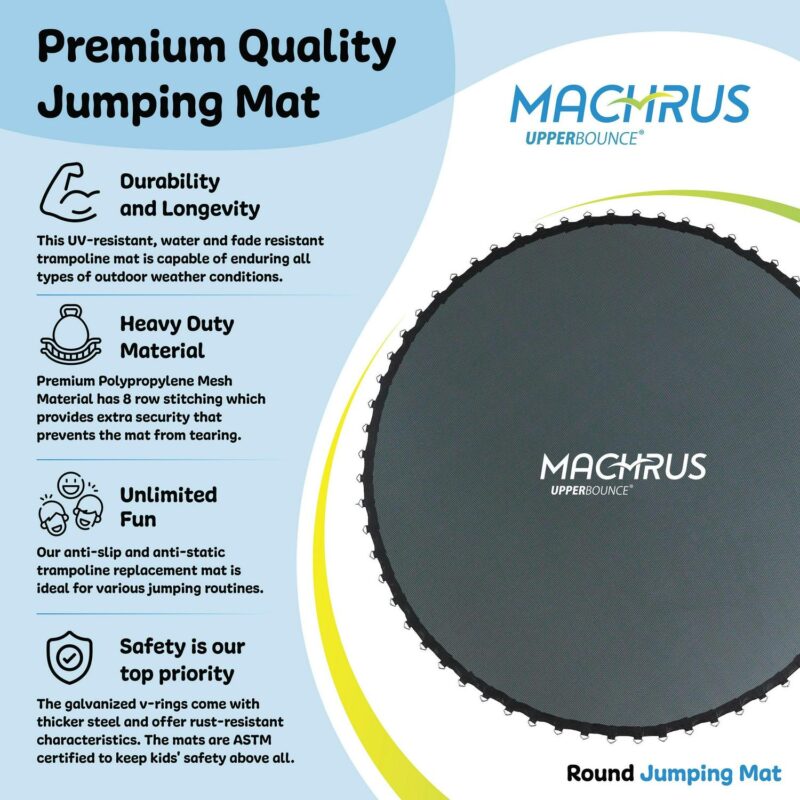 Machrus Upper Bounce Trampoline Replacement Mat set with Sturdy 72 V-Rings and 7  Springs - Jumping Mat Compatible with 14ft Round Frames - Set Includes Mat, Springs, V-Rings and Spring Pull Tool - Image 4
