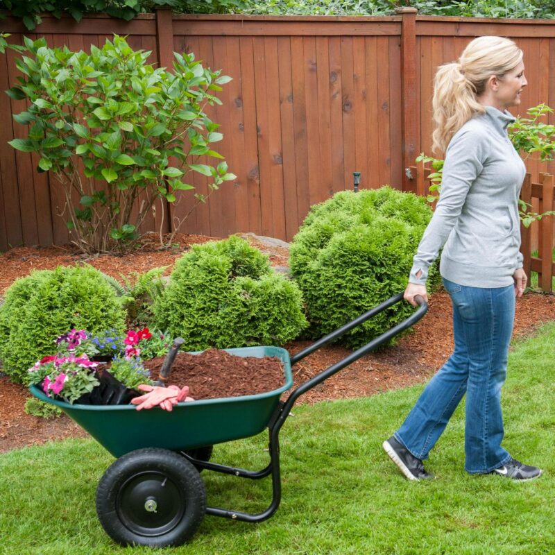 Marathon Yard Rover 2 Tire Wheelbarrow Utility Cart for Garden, Green - Image 3