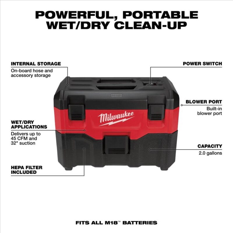 Milwaukee 0880-20 M18 2-Gallon Wet/Dry Vacuum - Image 3