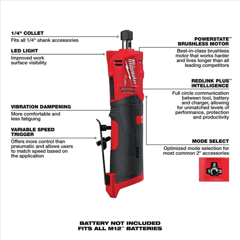 Milwaukee M12 12V Fuel 1/4  Straight Die Grinder Cordless Lithium-Ion 2486-20 - Image 9
