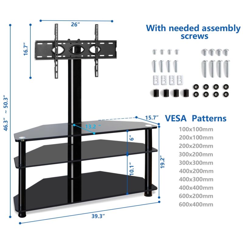 Modern 3-in-1 Flat TV Stand for TVs up to 65 inch, Black Glass Shelves with Swivel Mount - Image 4