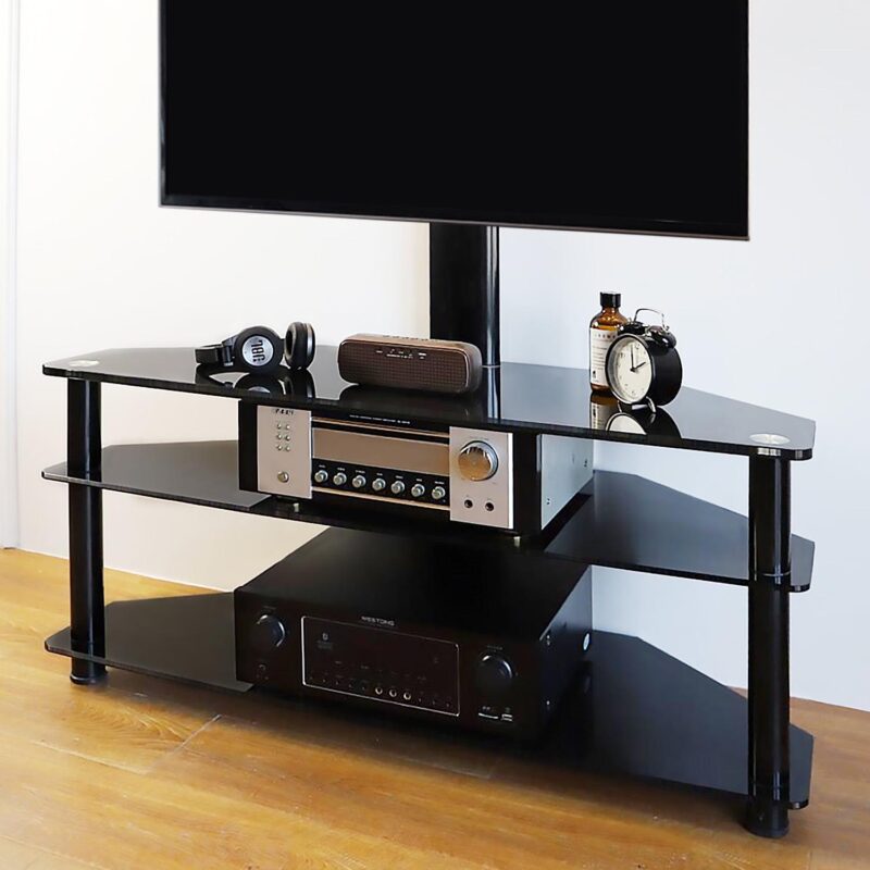 Modern 3-in-1 Flat TV Stand for TVs up to 65 inch, Black Glass Shelves with Swivel Mount - Image 5
