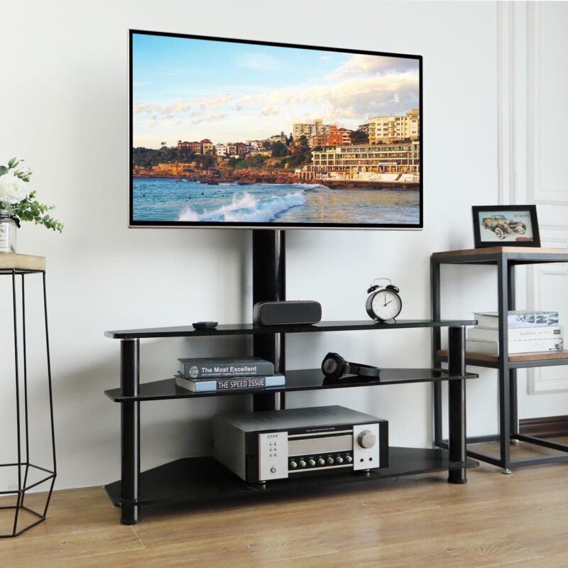 Modern 3-in-1 Flat TV Stand for TVs up to 65 inch, Black Glass Shelves with Swivel Mount