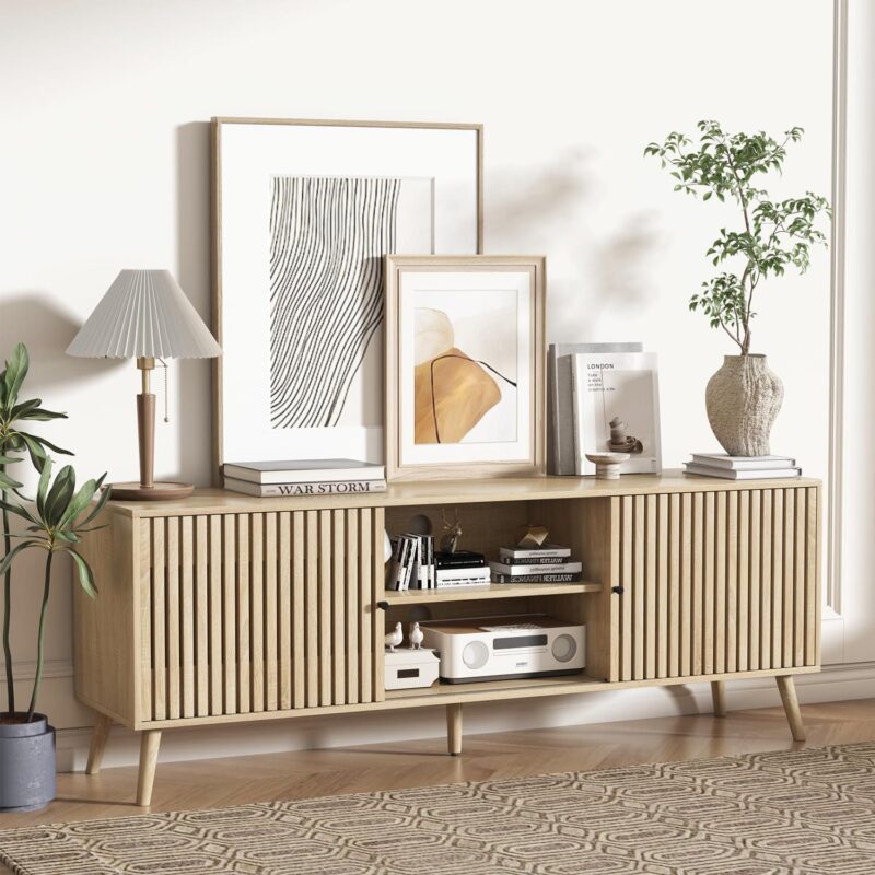 Modern Mid Century TV Stand Television Stand for 55/65/70 Inch TV Entertainment Center with Storage Cabinet and Open Shelves Media Consoles for Living Room Bedroom