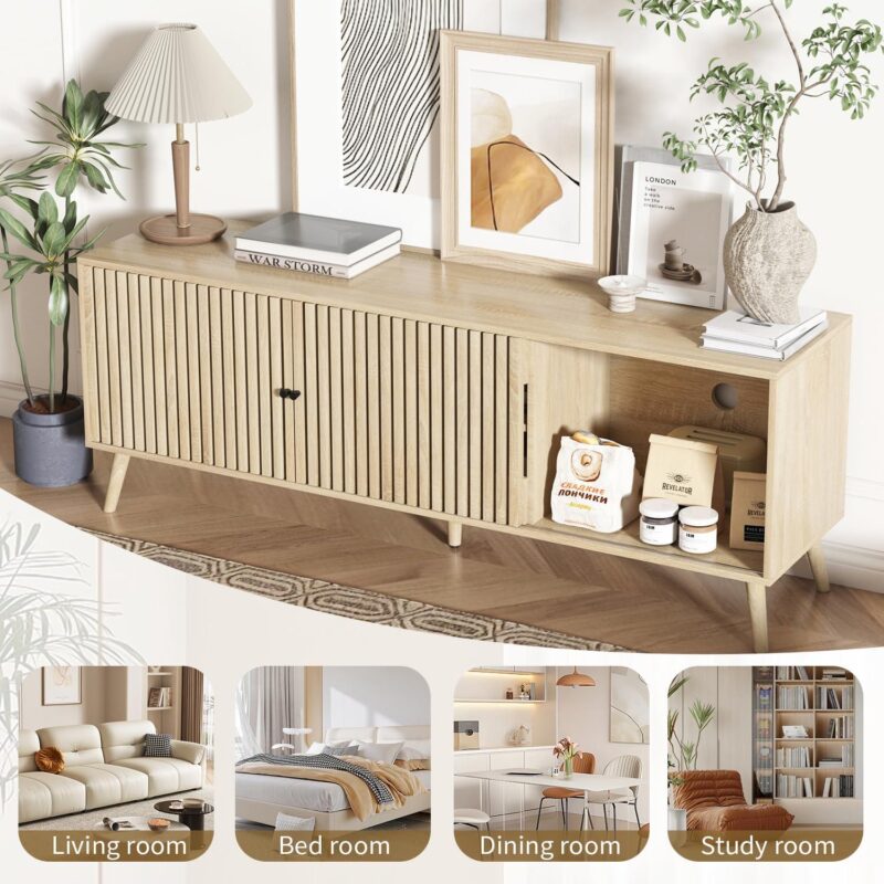 Modern Mid Century TV Stand Television Stand for 55/65/70 Inch TV Entertainment Center with Storage Cabinet and Open Shelves Media Consoles for Living Room Bedroom - Image 2