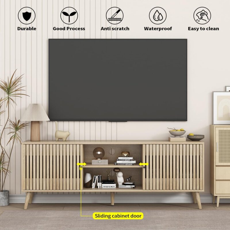 Modern Mid Century TV Stand Television Stand for 55/65/70 Inch TV Entertainment Center with Storage Cabinet and Open Shelves Media Consoles for Living Room Bedroom - Image 6