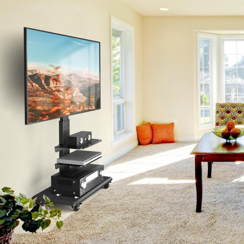 Modern Rolling TV Stand for Flat TVs up to 85 inch, 3 Shelves Home Office, Black - Image 6