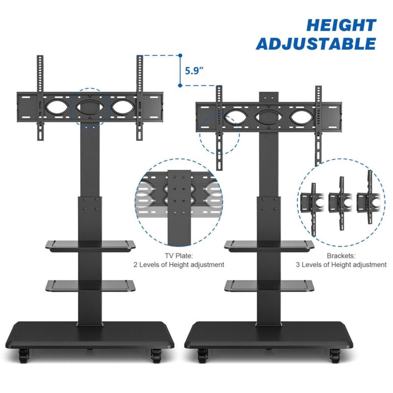 Modern Rolling TV Stand for Flat TVs up to 85 inch, 3 Shelves Home Office, Black - Image 7