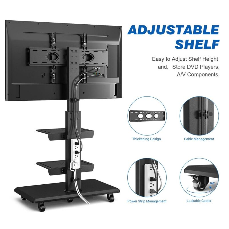 Modern Rolling TV Stand for Flat TVs up to 85 inch, 3 Shelves Home Office, Black - Image 2