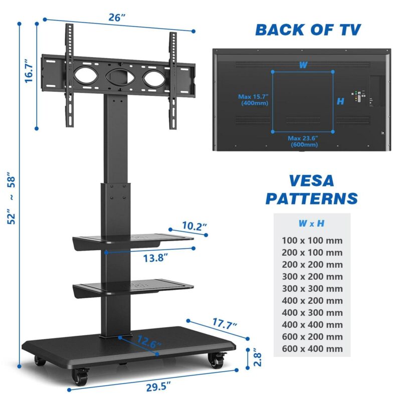 Modern Rolling TV Stand for Flat TVs up to 85 inch, 3 Shelves Home Office, Black - Image 3