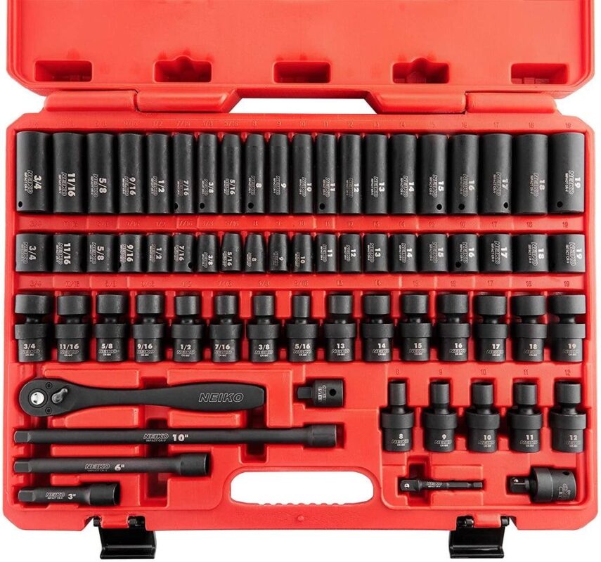 NEIKO 02471A Impact Socket Set, 3/8a Drive, 67 Piece, Metric and Standard Master Socket Set with Shallow and Deep Sockets, Ratchet, Swivel Sockets, Extension Bars, Adapters, Cr-V and Cr-Mo