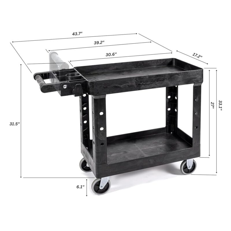 NEIKO 53051A Utility Cart, Heavy Duty 500 Pound Service cart with Wheels, 2 Deep Tray Shelf Rolling Tool Cart, Adjustable Handle Black Plastic Push Cart, Garage Mechanic Shop Cart, Non Marking Wheels - Image 2