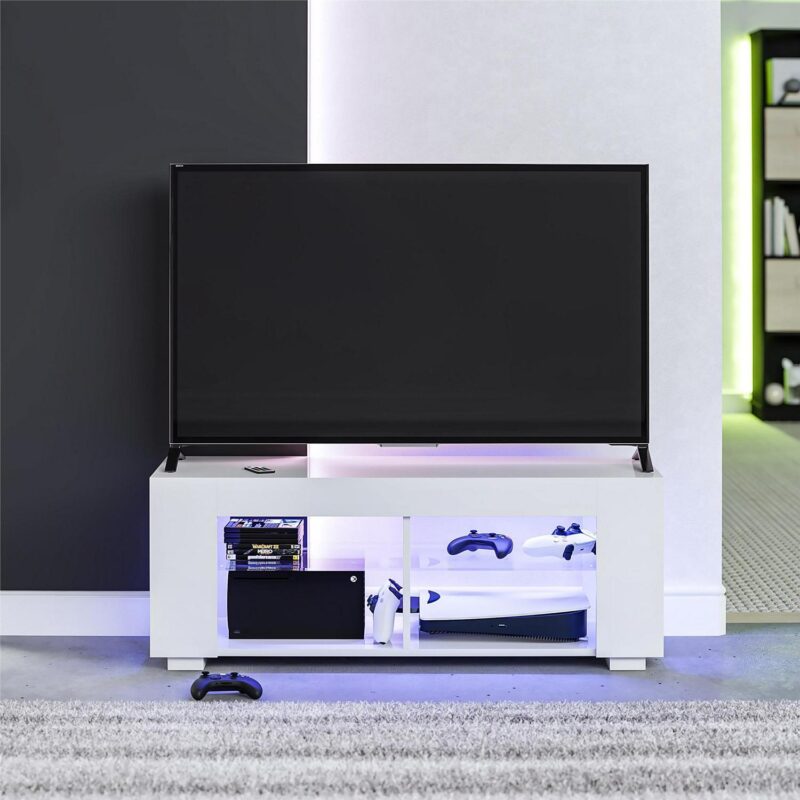 NTense LED TV Stand with Glass Shelves for TVs up to 55 , White Gloss - Image 2