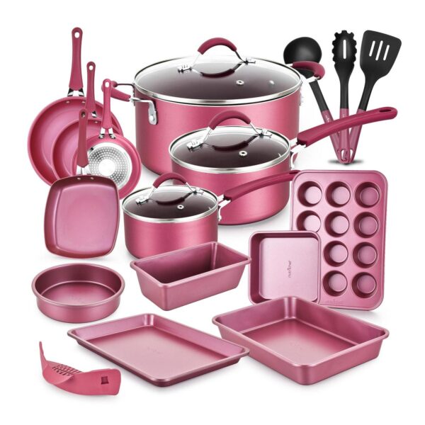 NutriChef Nonstick Cooking Cookware Pots and Pans, 20 Pieces, Marron Pink