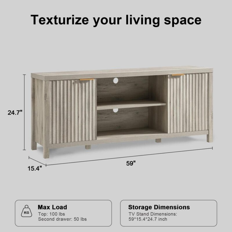 OAKHAM Fluted Tv Stands, Entertainment Center for 65 Inch Tv, Modern Farmhouse TV Console with Doors Cabinet, Media Console with Storage, Gray Oak - Image 3