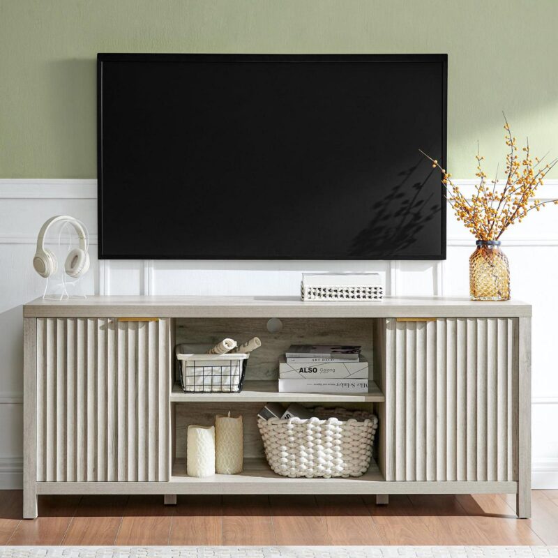 OAKHAM Fluted Tv Stands, Entertainment Center for 65 Inch Tv, Modern Farmhouse TV Console with Doors Cabinet, Media Console with Storage, Gray Oak - Image 6