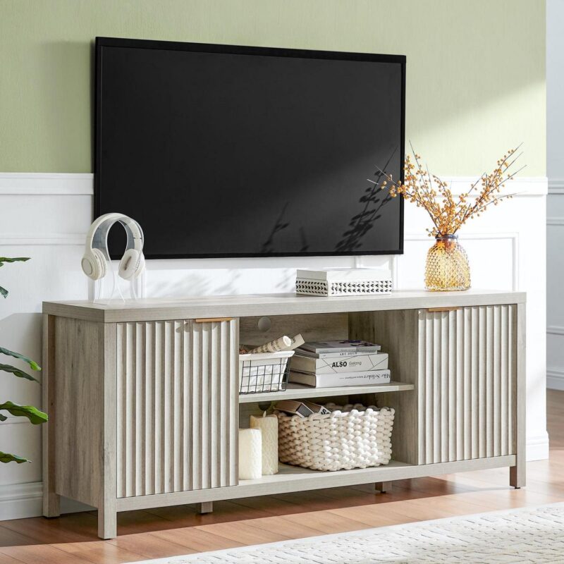 OAKHAM Fluted Tv Stands, Entertainment Center for 65 Inch Tv, Modern Farmhouse TV Console with Doors Cabinet, Media Console with Storage, Gray Oak