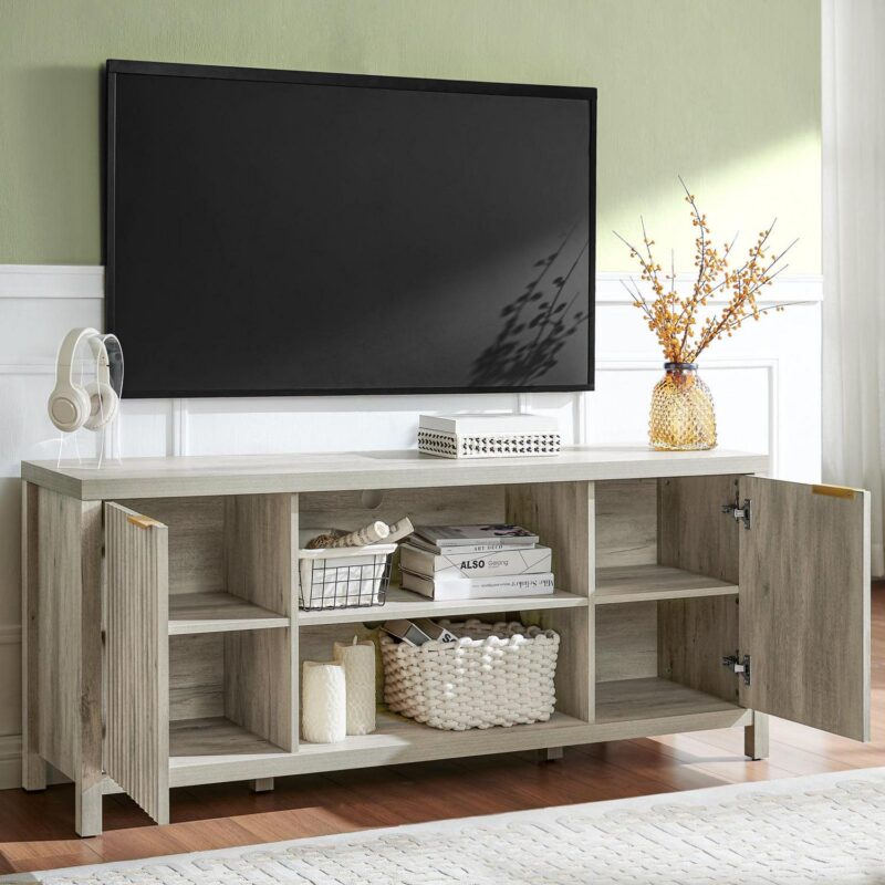 OAKHAM Fluted Tv Stands, Entertainment Center for 65 Inch Tv, Modern Farmhouse TV Console with Doors Cabinet, Media Console with Storage, Gray Oak - Image 7