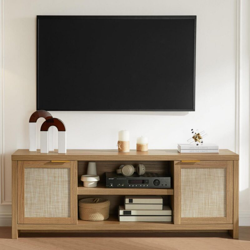 OAKHAM Tv Stands for 65 Inch Tv, Modern Farmhouse Entertainment Center, Rattan TV Console with Storage, Wood Media Console Cabinet, Weathered Oak - Image 9