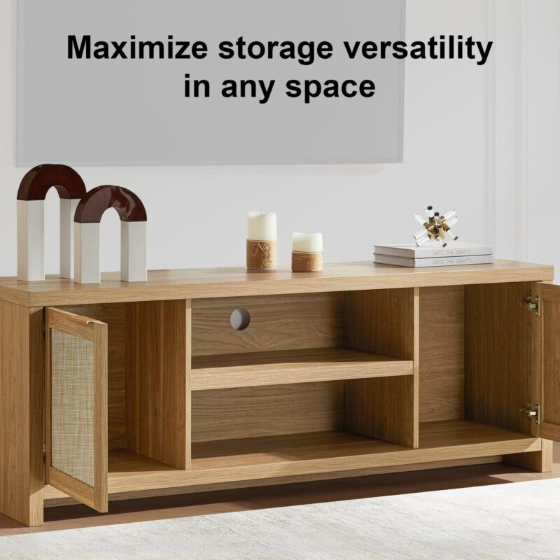 OAKHAM Tv Stands for 65 Inch Tv, Modern Farmhouse Entertainment Center, Rattan TV Console with Storage, Wood Media Console Cabinet, Weathered Oak - Image 3