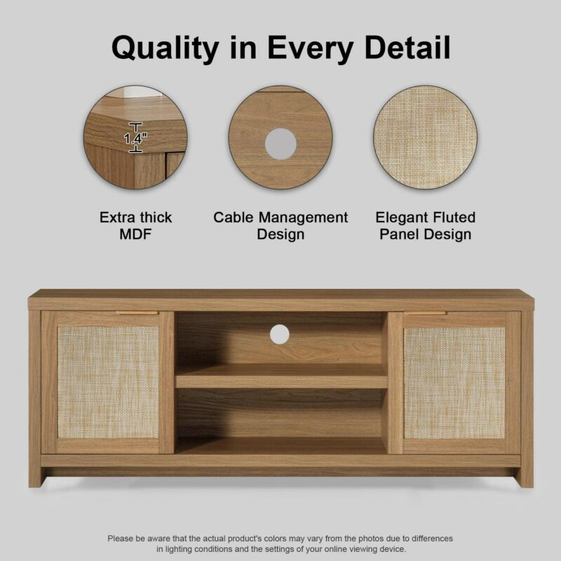 OAKHAM Tv Stands for 65 Inch Tv, Modern Farmhouse Entertainment Center, Rattan TV Console with Storage, Wood Media Console Cabinet, Weathered Oak - Image 2