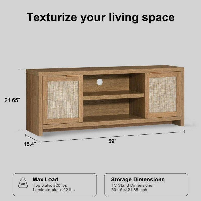 OAKHAM Tv Stands for 65 Inch Tv, Modern Farmhouse Entertainment Center, Rattan TV Console with Storage, Wood Media Console Cabinet, Weathered Oak - Image 7