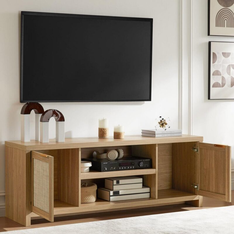 OAKHAM Tv Stands for 65 Inch Tv, Modern Farmhouse Entertainment Center, Rattan TV Console with Storage, Wood Media Console Cabinet, Weathered Oak - Image 4