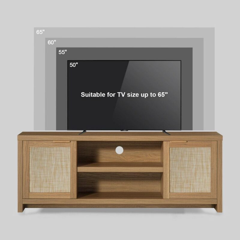 OAKHAM Tv Stands for 65 Inch Tv, Modern Farmhouse Entertainment Center, Rattan TV Console with Storage, Wood Media Console Cabinet, Weathered Oak - Image 6